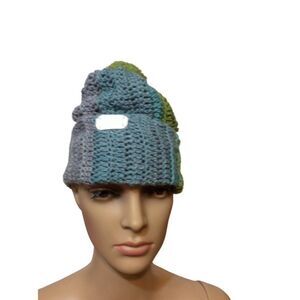 HAND Made Pom Pom On Top  One size fits Most (Adult) Gray Green Blue Acrylic Yar